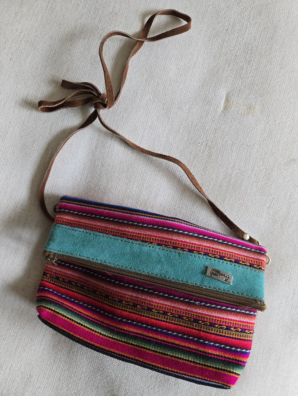 Peruvian Colorful Striped Crossbody Bag with Teal Suede Accent